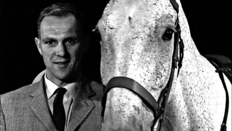 Harry deLeyer riding Snowman, in a still from the 2016 documentary film “Harry and Snowman.”